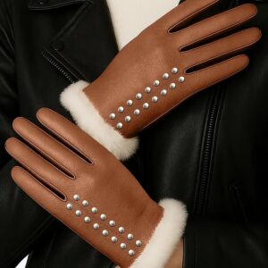 Women’s Premium Brown Leather Winter Gloves – Warm Fur Lined Touchscreen Driving Gloves