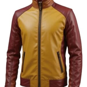 Men’s Two Tone Genuine Sheep Leather Jacket – Maroon & Mustard Slim Fit Biker Jacket for Men – Premium Real Leather Casual Motorcycle Jacket
