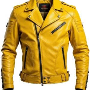 Men’s Yellow Genuine Sheep Leather Biker Jacket – Premium Slim Fit Motorcycle Leather Jacket for Men – Stylish Moto Leather Coat