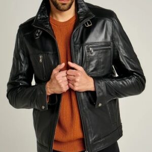Men’s Black Genuine Sheepskin Leather Jacket – Premium Slim Fit Motorcycle Biker Jacket for Men