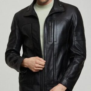 Men’s Black Genuine Sheepskin Leather Jacket – Modern Casual Slim Fit Zip-Up Jacket