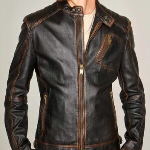 Men’s Black Sheep Leather Jacket – Vintage Waxed Biker Style Slim Fit Coat
