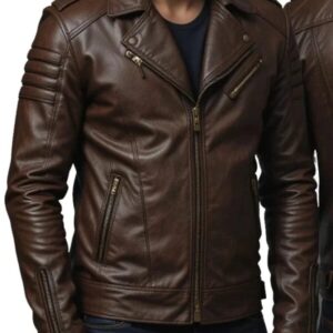 Men’s Brown Leather Biker Jacket – Slim Fit Stylish Motorcycle Jacket for Casual & Winter Wear
