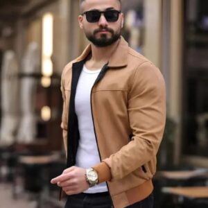Men’s Tan Suede Leather Jacket – Classic Slim Fit Casual Stylish Jacket for All Seasons